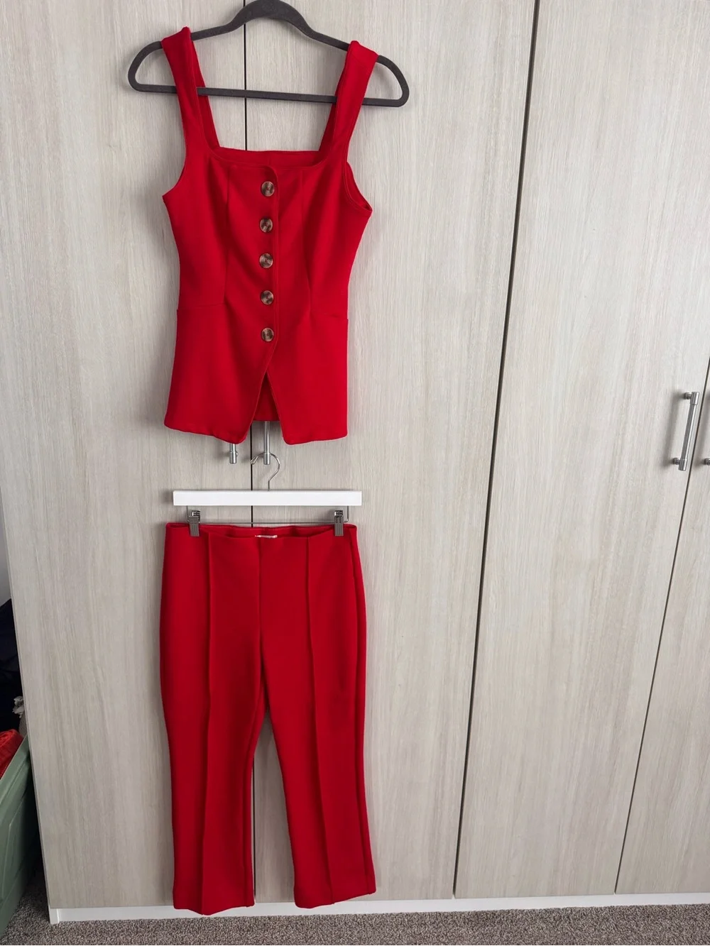 Maeve Red Button-Front Crop Top & Tailored Pants Set